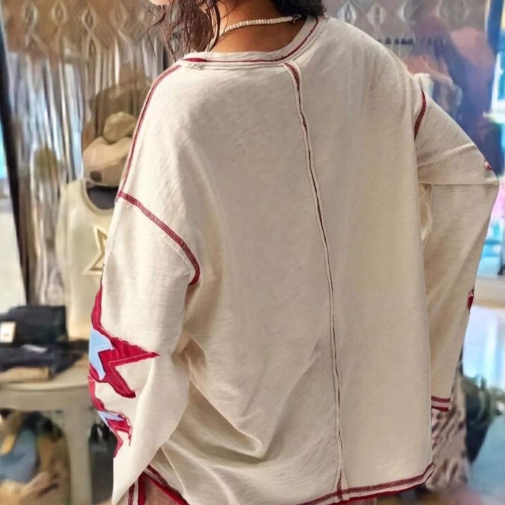 Pol Boho Star Patterned Patchwork Long Sleeve Top… - image 3